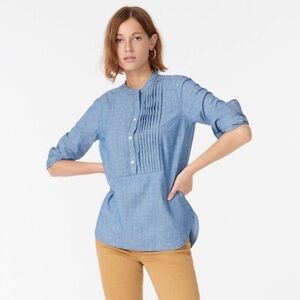 J.Crew Chambray Pintuck Popover Blouse Blue Long Sleeve Size Small Classic